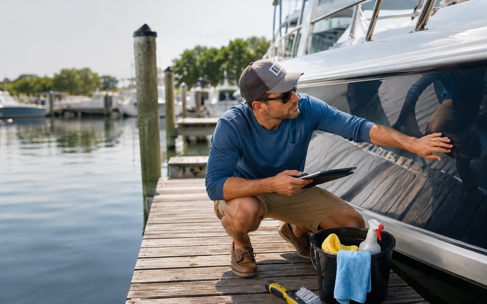 A clean marina detailing scene showing a boat hull, detailing tools, and careful surface inspection, with no prices, logos, or text.